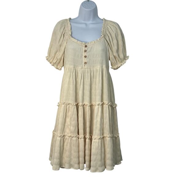 Easel Puff Sleeve Tiered Mini Babydoll Dress Ivory Small Flowy Romantic Boho NWT - Picture 12 of 12